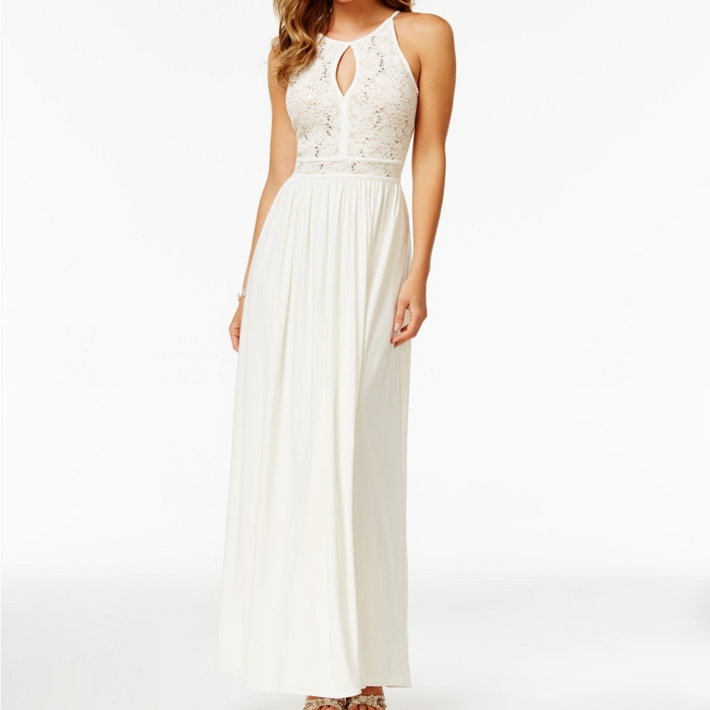Long Halter Dress With Glitter Lace Bodice
